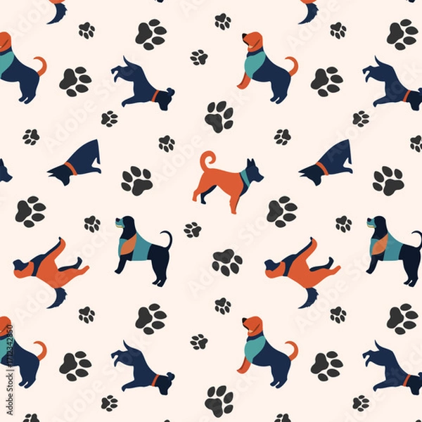 Fototapeta Dog tracks and colorful dogs.Vector seamless pattern with colorful stylized dogs and footprints on a light background.