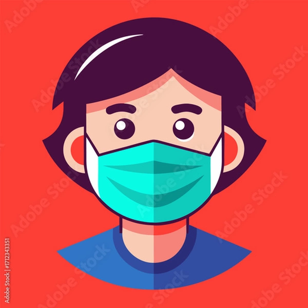 Fototapeta Yellow smiley face emoji wearing a white medical face mask showing caution and protection