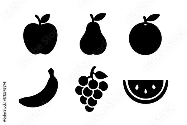 Obraz Fruit icons in black silhouette style: apple, pear, orange, banana, grapes, and watermelon slice.