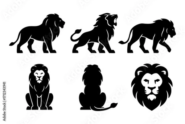 Obraz MobilLion icons in black silhouette style: standing lion, roaring lion, walking lion, sitting lion, back view, and lion head.