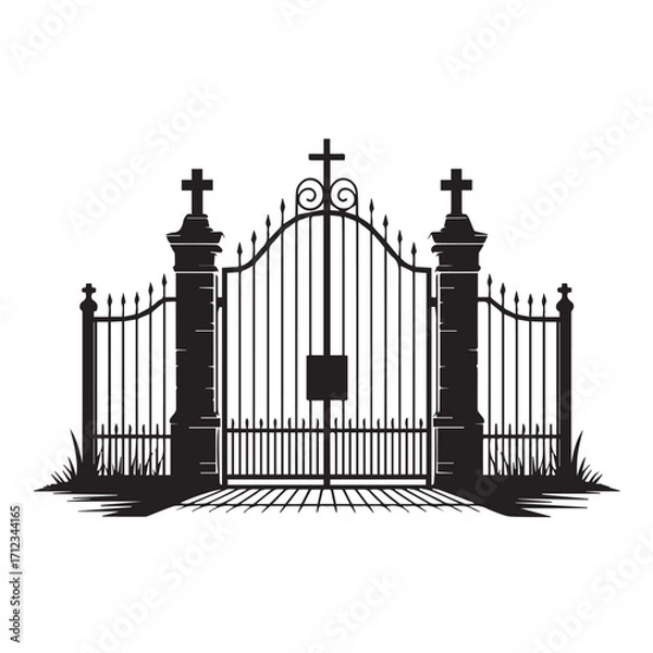 Obraz Ornate black wrought iron gate with crosses on pillars, isolated on white background technology background