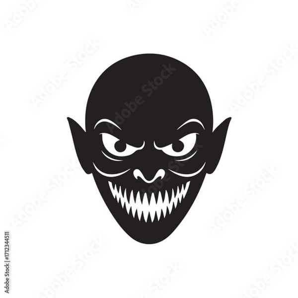 Obraz Scary black monster face with sharp teeth and evil eyes, isolated on white background technology background