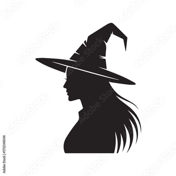 Obraz Profile silhouette of a woman wearing a witch hat with long flowing hair, isolated on white background technology background