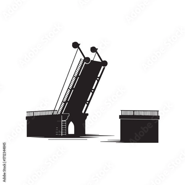 Obraz Silhouette of a bascule bridge opening to allow boats to pass through, isolated on white background technology background