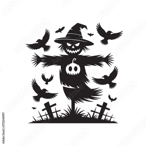 Obraz Scary black silhouette of a halloween scarecrow with a pumpkin face and crows flying around, isolated on white background technology background