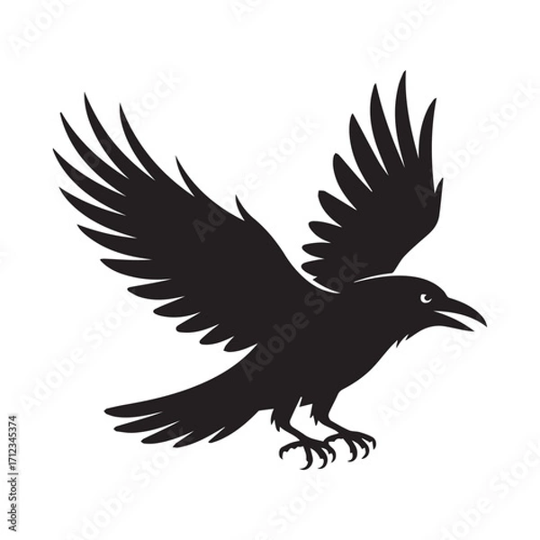 Obraz Silhouette of a black crow in flight with wings spread wide, isolated on white background technology background