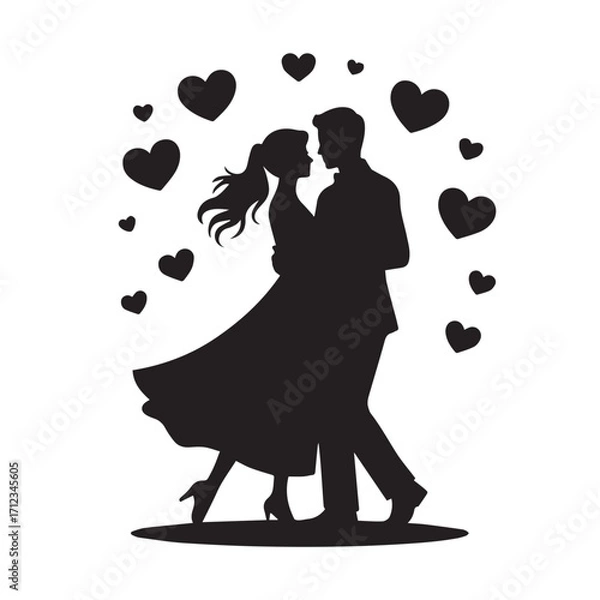 Obraz Silhouette of a couple dancing surrounded by hearts, isolated on white background technology background