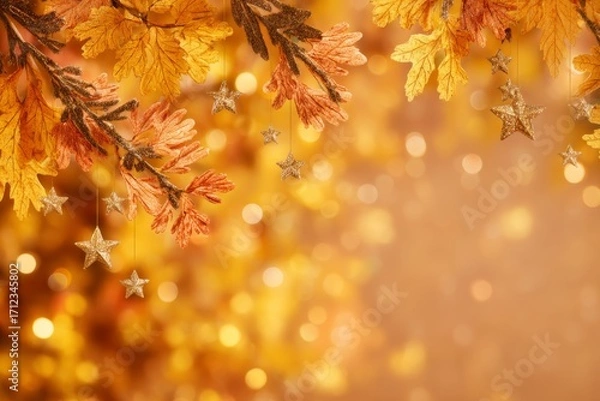 Obraz Golden autumn background with blank space for text, festive concept for happy autumn party, cozy atmosphere with bright colorful decorations, fall leaves and branches, magic lights, bokeh and stars