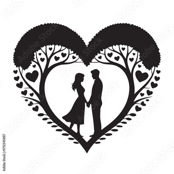 Obraz Silhouette of a couple holding hands inside a heartshaped tree, isolated on white background technology background