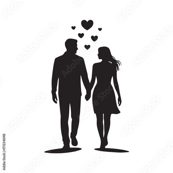Obraz Silhouette of a couple holding hands and walking, with hearts floating above them, symbolizing love and romance technology background
