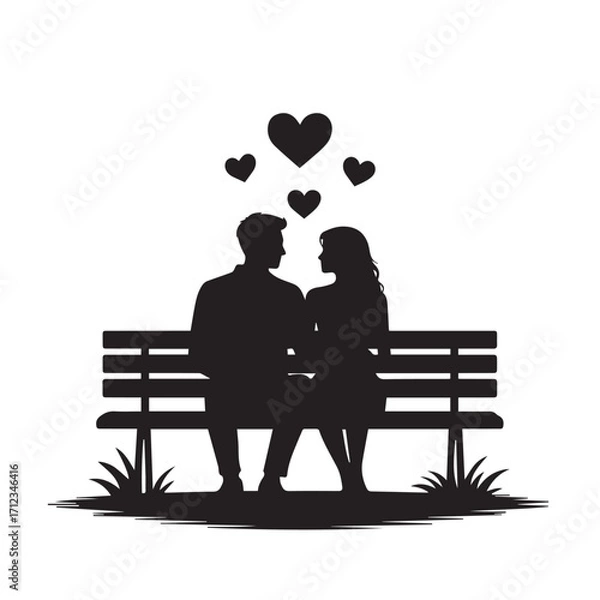 Obraz Silhouette of a couple sitting on a park bench surrounded by hearts, isolated on white background technology background