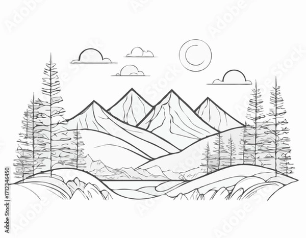 Fototapeta Abstract Line Art Landscape with Mountains, Sun, and Trees, Hand-Drawn Vector Illustration for Nature-Themed Designs and Outdoor Adventure Promotion.