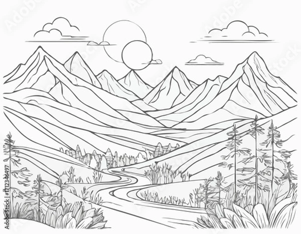 Fototapeta Abstract Line Art Landscape with Mountains, Sun, and Trees, Hand-Drawn Vector Illustration for Nature-Themed Designs and Outdoor Adventure Promotion.