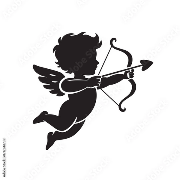 Obraz Silhouette of a cupid with bow and arrow flying, isolated on white background technology background