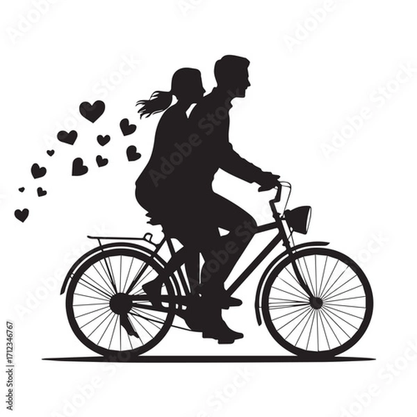 Obraz Silhouette of a couple riding a bicycle with hearts floating behind them, isolated on white background technology background