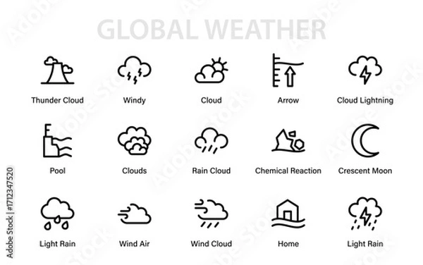 Fototapeta Global Weather Modern Line Icon Set. Professional climate outline vector collection of minimal premium forecast, storm, and atmospheric design symbols.