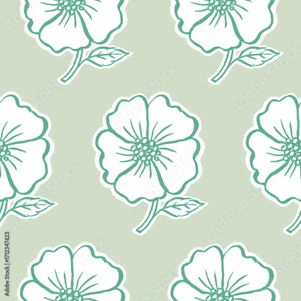 Obraz Simple seamless pattern with rose hip bloom in green color palette.