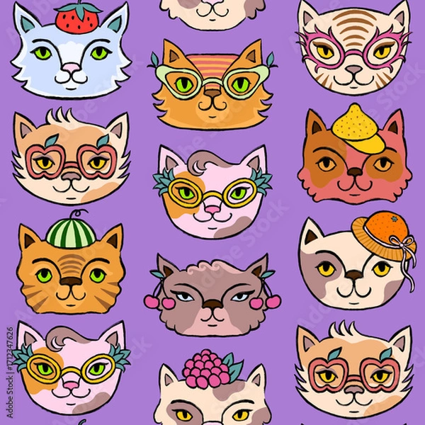 Obraz Seamless pattern with cute cat faces wearing fruity accessories. Hand drawn different cats on violet.