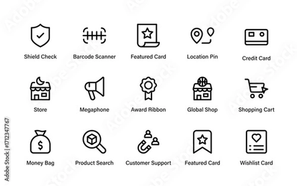 Fototapeta Shopping retail commerce modern line icon set. Professional vector pack with cart, shop, price, discount, payment, and product design icons