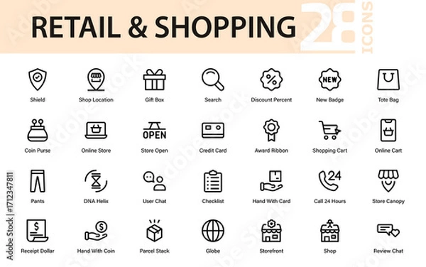 Fototapeta Retail shopping store professional line icon collection. Minimal modern vector pack with premium cash register, tag, basket, and money illustrations