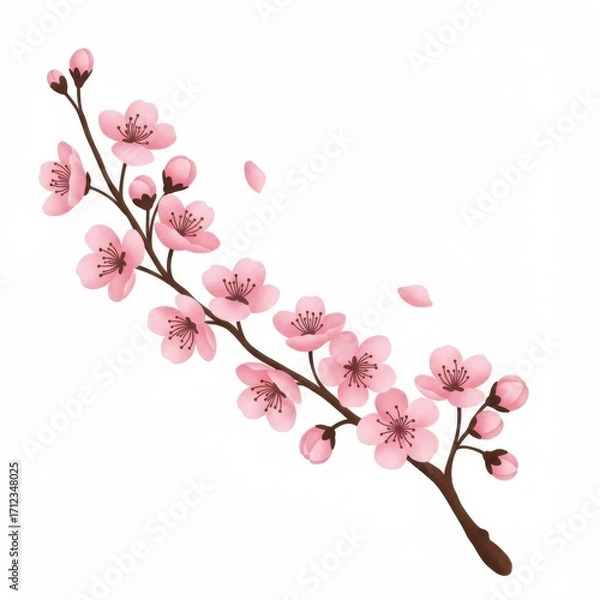 Fototapeta Delicate Pink Cherry Blossom Branch on White Background Isolated Design