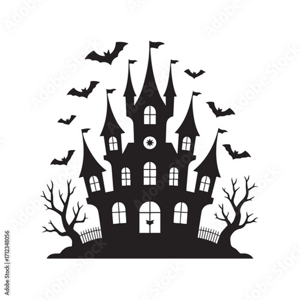 Obraz Silhouette of a haunted castle with bats flying around it, isolated on white background technology background