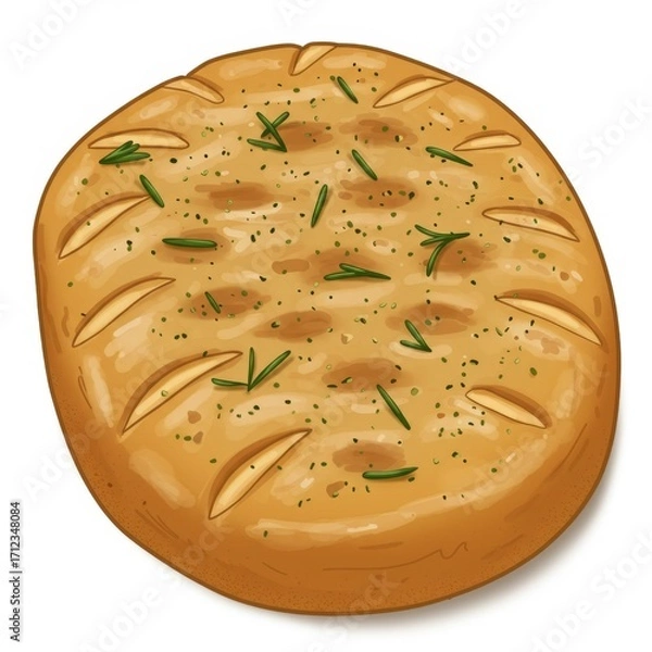 Obraz Delicious Golden Brown Focaccia Bread with Rosemary on a White Background