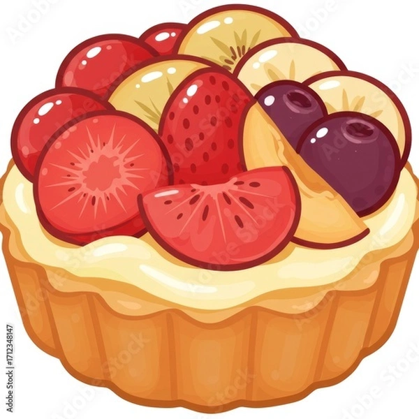 Fototapeta Delicious Fruit Tart with Strawberries Kiwi and Berries on Beige Cream Crust