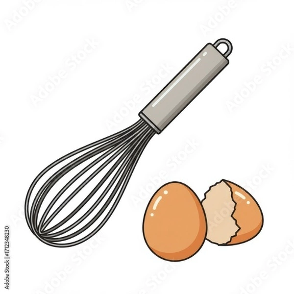 Fototapeta Metal Whisk with Brown Eggs and Broken Shell Isolated on White Background