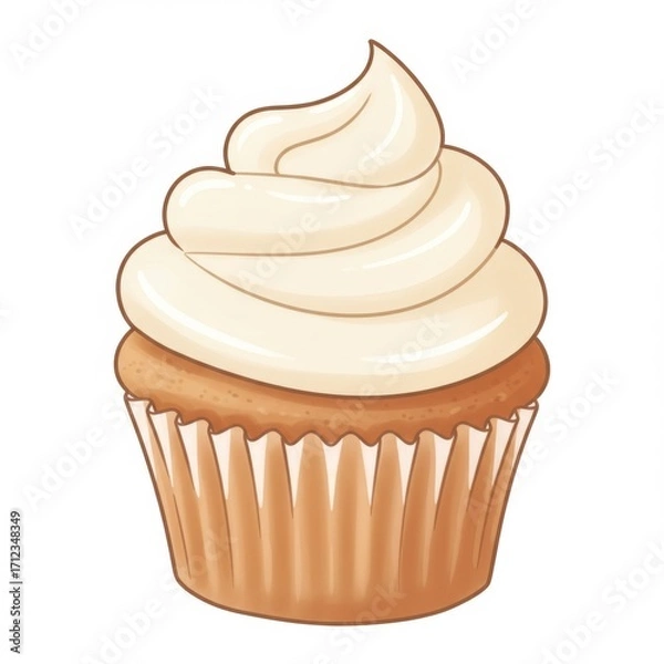 Fototapeta Single Delicious Vanilla Cupcake with White Frosting in Paper Wrapper Illustration