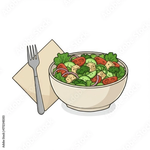 Fototapeta Bowl of Fresh Salad with Tomato Cucumber and Onion with Fork and Napkin