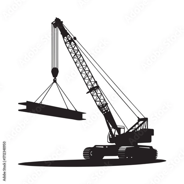 Obraz Silhouette of a mobile crane lifting a steel beam at a construction site, isolated on white background technology background