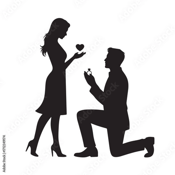 Obraz Silhouette of a man proposing to a woman with a ring, a heart floating between them, isolated on white background technology background
