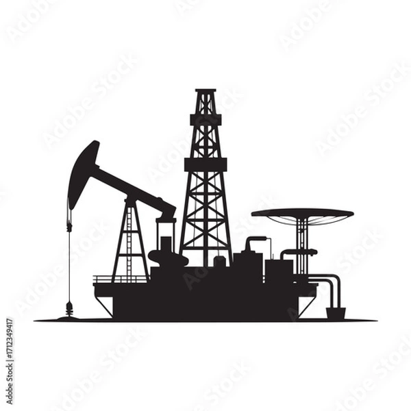 Obraz Silhouette of an oil drilling rig and pump jack, isolated on a white background, symbolizing the petroleum industry technology background