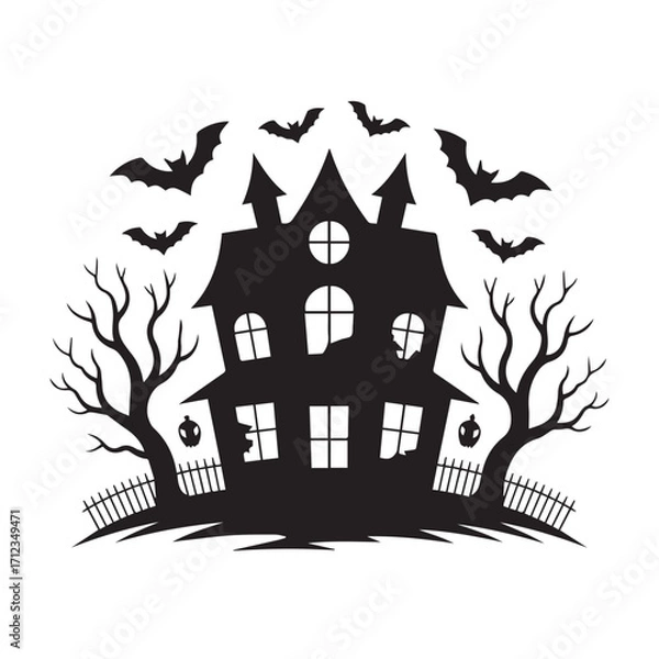 Obraz Silhouette of a spooky haunted house with bats flying around, isolated on white background technology background
