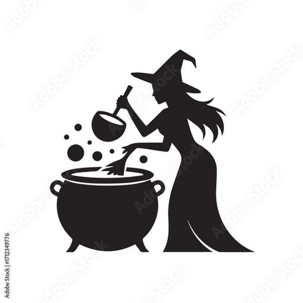 Obraz Silhouette of a witch stirring a cauldron with bubbles isolated on white background technology background