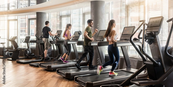 Fototapeta Grupa czterech osób, mężczyzn i kobiet, biegających na bieżniach w nowoczesnej i oświetlonej sali fitness