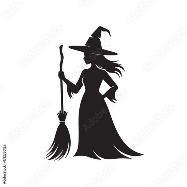 Obraz Silhouette of a witch with a pointed hat and broom, isolated on a white background, representing magic and halloween technology background