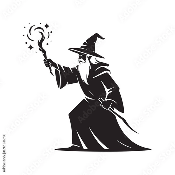 Obraz Silhouette of a wizard with a beard holding a magic staff with stars isolated on white background technology background