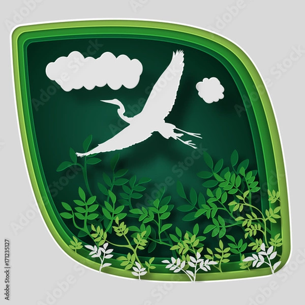 Fototapeta Paper art carve to bird on tree branch in forest at night, origami concept nature and animals idea, vector art and illustration.