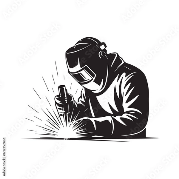 Obraz Welder wearing a mask and protective clothing, welding metal with sparks, isolated on white background technology background