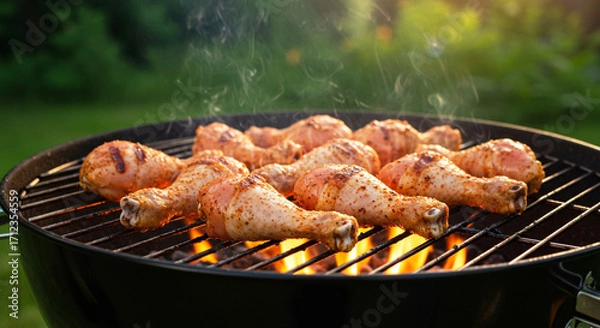 Obraz Chicken drumsticks in spicy rub sizzling on barbecue grill with flames, outdoor summer party BBQ