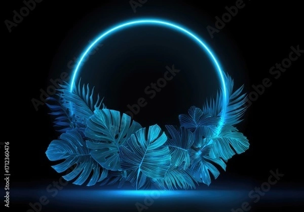 Obraz Glowing Neon Circle with Tropical Leaves on Black Background.