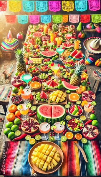 Fototapeta Vibrant Fruit and Drink Display with Festive Accessories