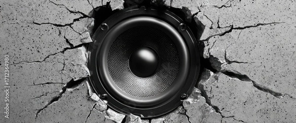 Obraz Powerful audio speaker breaking through a cracked concrete wall with intense sound waves.