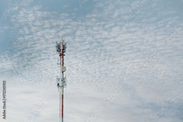 Fototapeta Signal tower or Mobile phone tower .Global connection and internet network concept.on blue sky,Telecommunication tower.