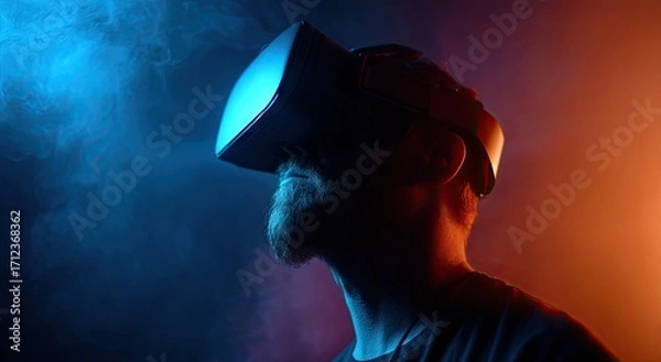 Obraz Person wearing VR headset in colorful illuminated environment.
