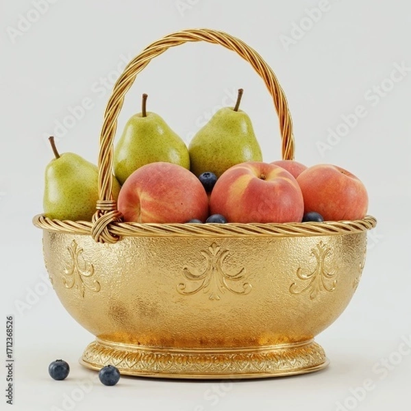Fototapeta Luxury golden basket with pears peaches and blueberries on pure white background