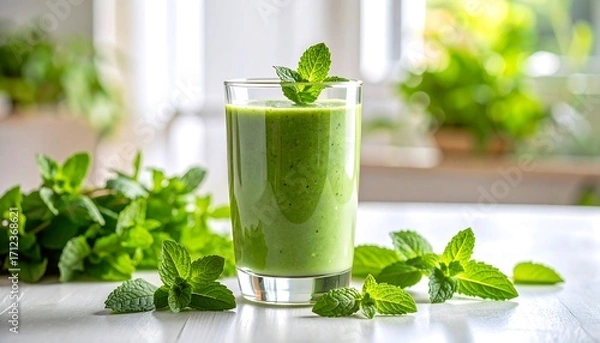 Fototapeta Refreshing green smoothie in a glass