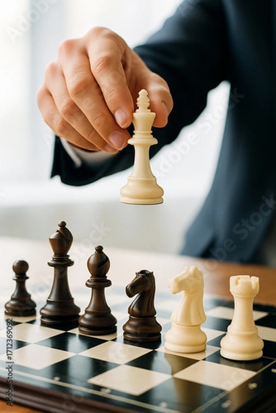 Fototapeta Capture the essence of strategic thinking with this image of a hand moving a chess king. Ideal for illustrating business leadership, decision-making, and strategic planning concepts.